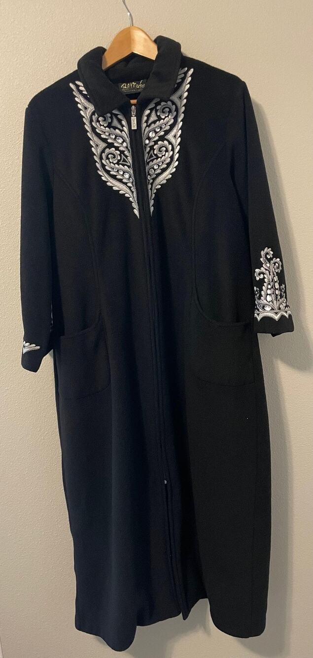 Bob Mackie Coat Long Full Zip Womens Large Black Fleece Embroidered Rhinestone
